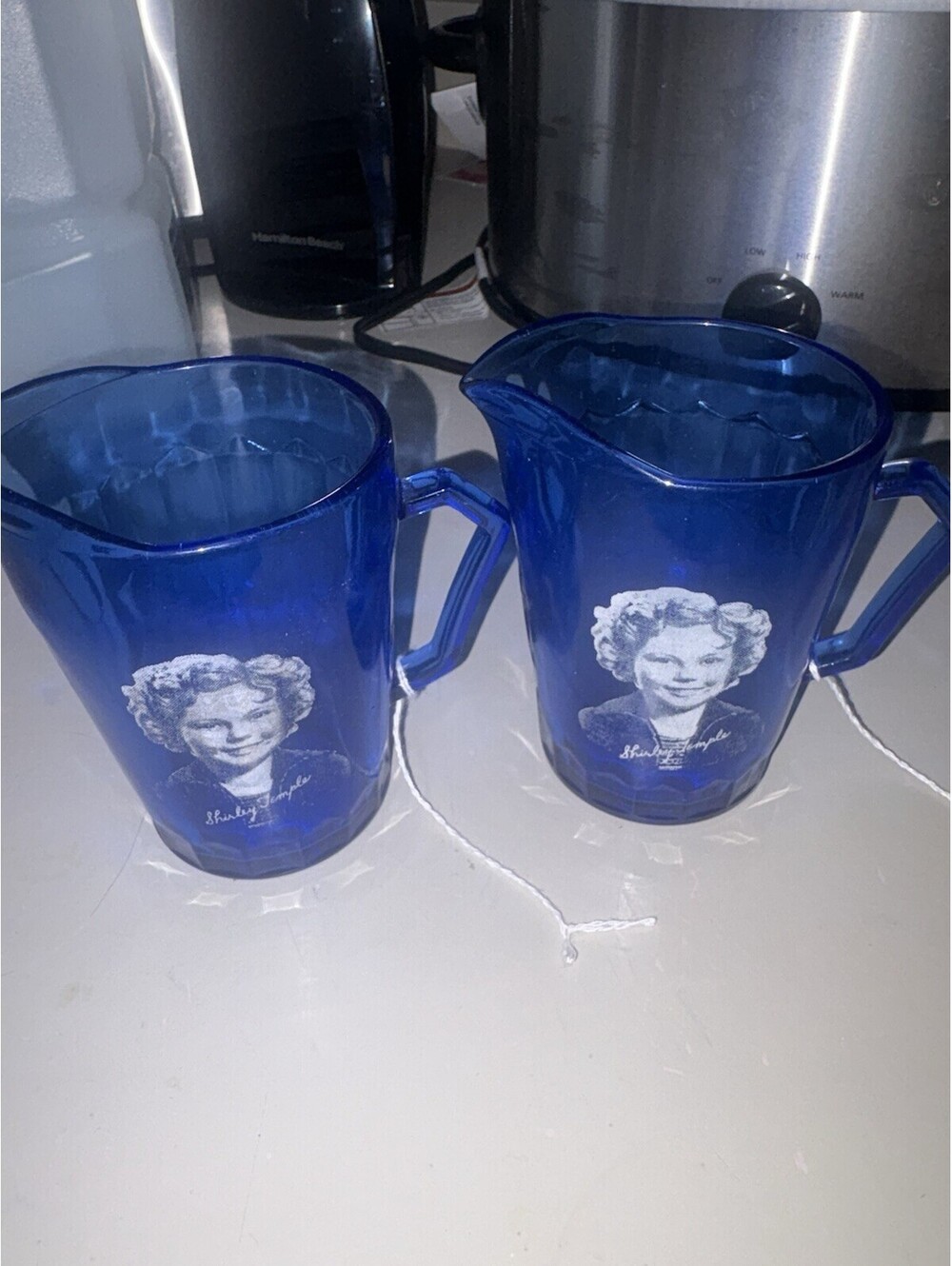 Lot of 2 VTG Hazel Atlas Shirley Temple Cobalt Blue Glass Pitcher Creamer 30s